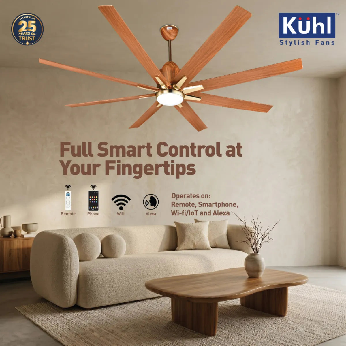 Kühl Platin Star BLDC 1550mm Ceiling Fan | Next-Gen BLDC Motor | Saves Up to 65% Electricity | Operates on Smart Phone, Remote, IoT/ Wi-Fi and Alexa/ Voice Control | 35W | 3-Colour Down Light