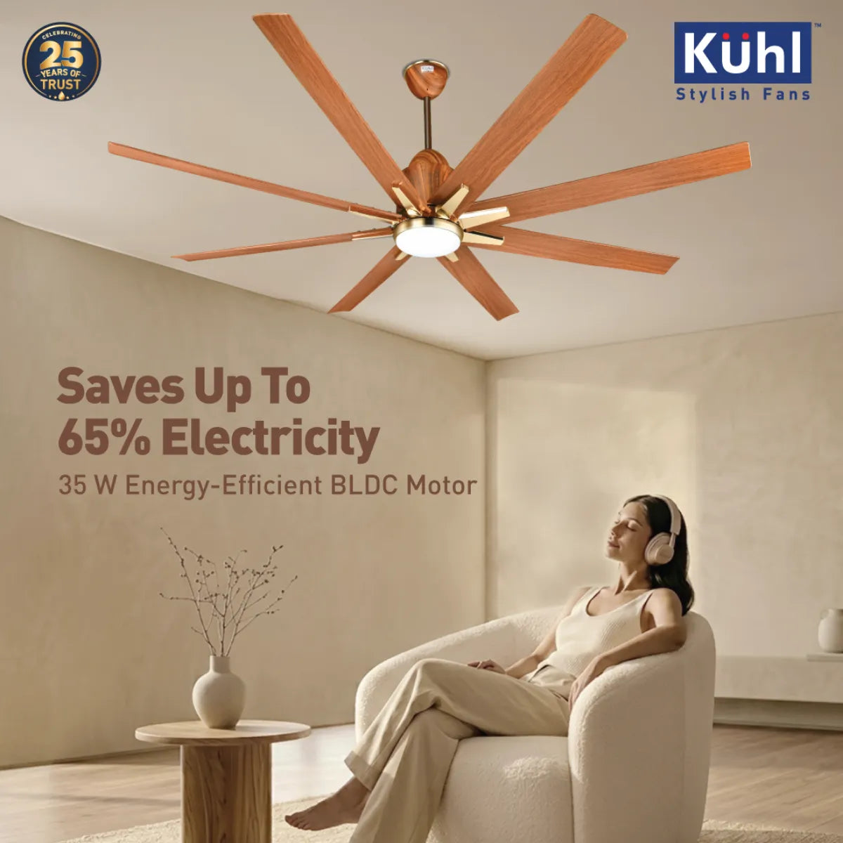 Kühl Platin Star BLDC 1550mm Ceiling Fan | Next-Gen BLDC Motor | Saves Up to 65% Electricity | Operates on Smart Phone, Remote, IoT/ Wi-Fi and Alexa/ Voice Control | 35W | 3-Colour Down Light