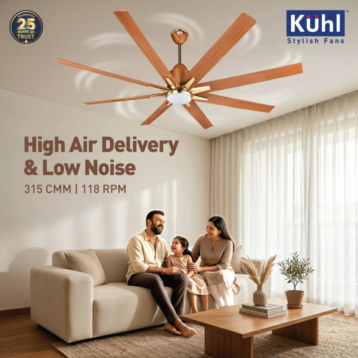 Kühl Platin Star BLDC 1550mm Ceiling Fan | Next-Gen BLDC Motor | Saves Up to 65% Electricity | Operates on Smart Phone, Remote, IoT/ Wi-Fi and Alexa/ Voice Control | 35W | 3-Colour Down Light