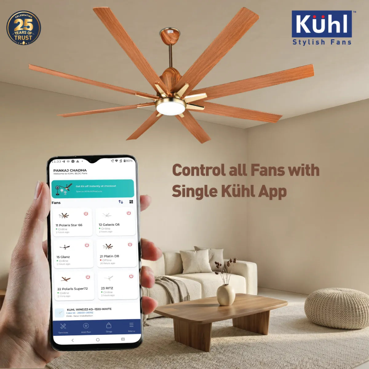 Kühl Platin Star BLDC 1550mm Ceiling Fan | Next-Gen BLDC Motor | Saves Up to 65% Electricity | Operates on Smart Phone, Remote, IoT/ Wi-Fi and Alexa/ Voice Control | 35W | 3-Colour Down Light