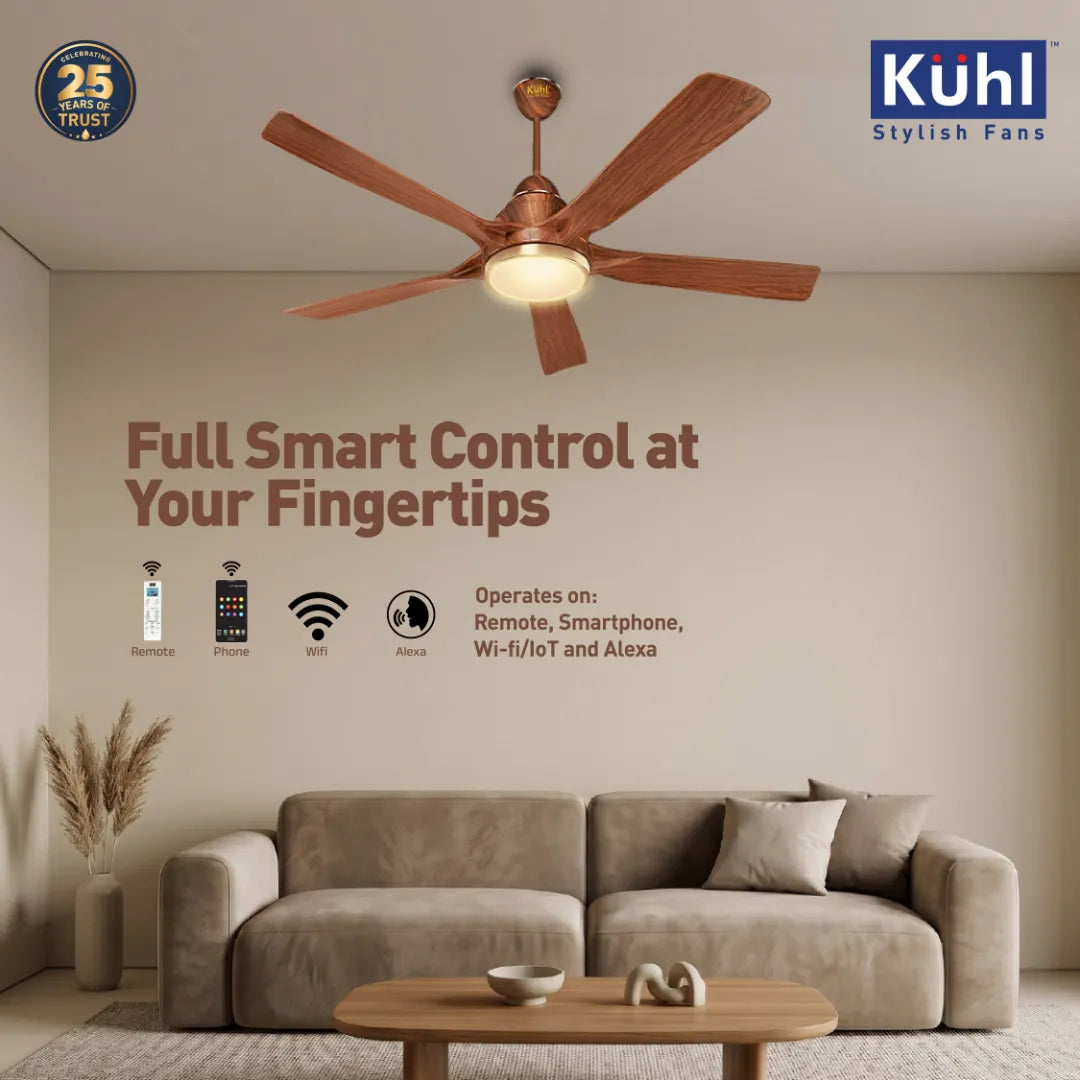 Kühl Luxus Plus BLDC 1400mm Ceiling Fan | Next-Gen BLDC Motor | Saves Up to 65% Electricity | Operates on Smart Phone, Remote, IoT/ Wi-Fi and Alexa/ Voice Control | 32W | 3-Colour Down Light | BEE 5-Star &amp; ISI Certified