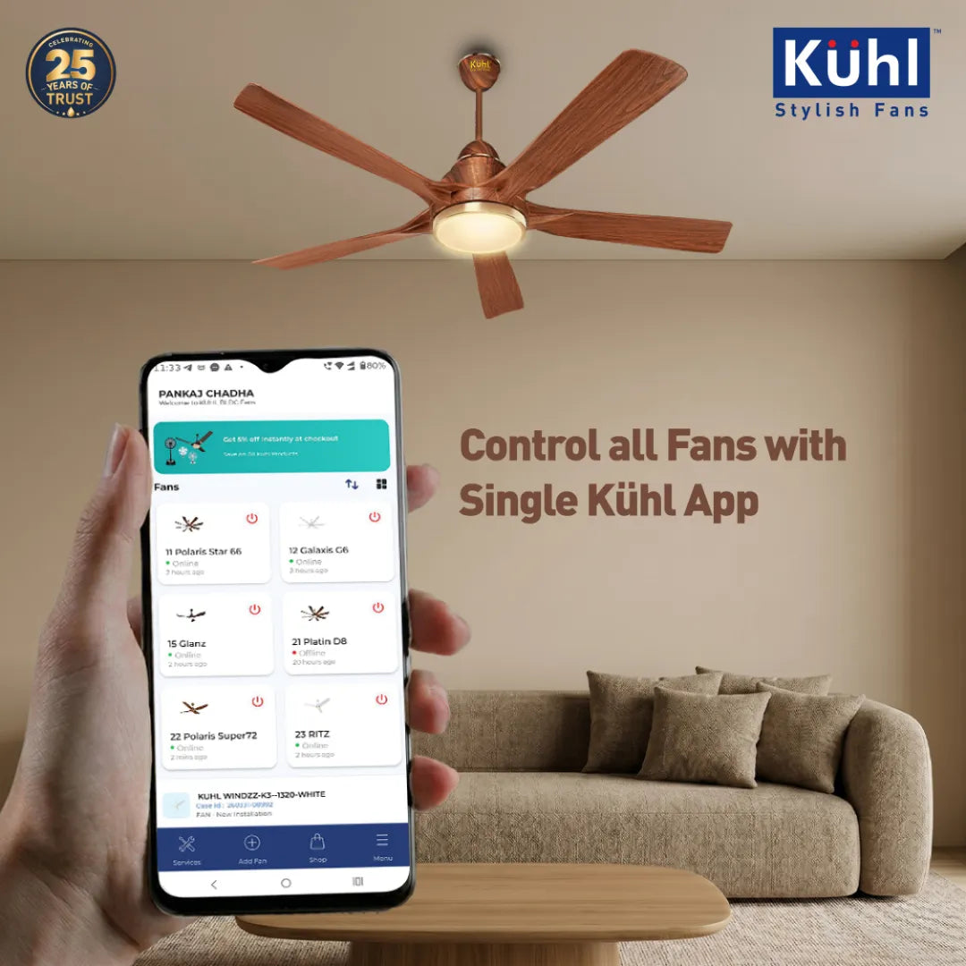 Kühl Luxus Plus BLDC 1400mm Ceiling Fan | Next-Gen BLDC Motor | Saves Up to 65% Electricity | Operates on Smart Phone, Remote, IoT/ Wi-Fi and Alexa/ Voice Control | 32W | 3-Colour Down Light | BEE 5-Star &amp; ISI Certified